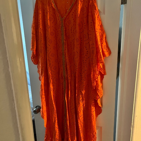 Orange kaftan 100% cotton Laced Boho Chic - Picture 3 of 4